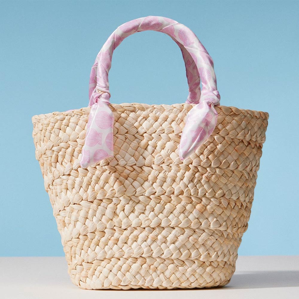 Shell Print Fabric Scarf Wrapped Handle Raffia Tote Bag