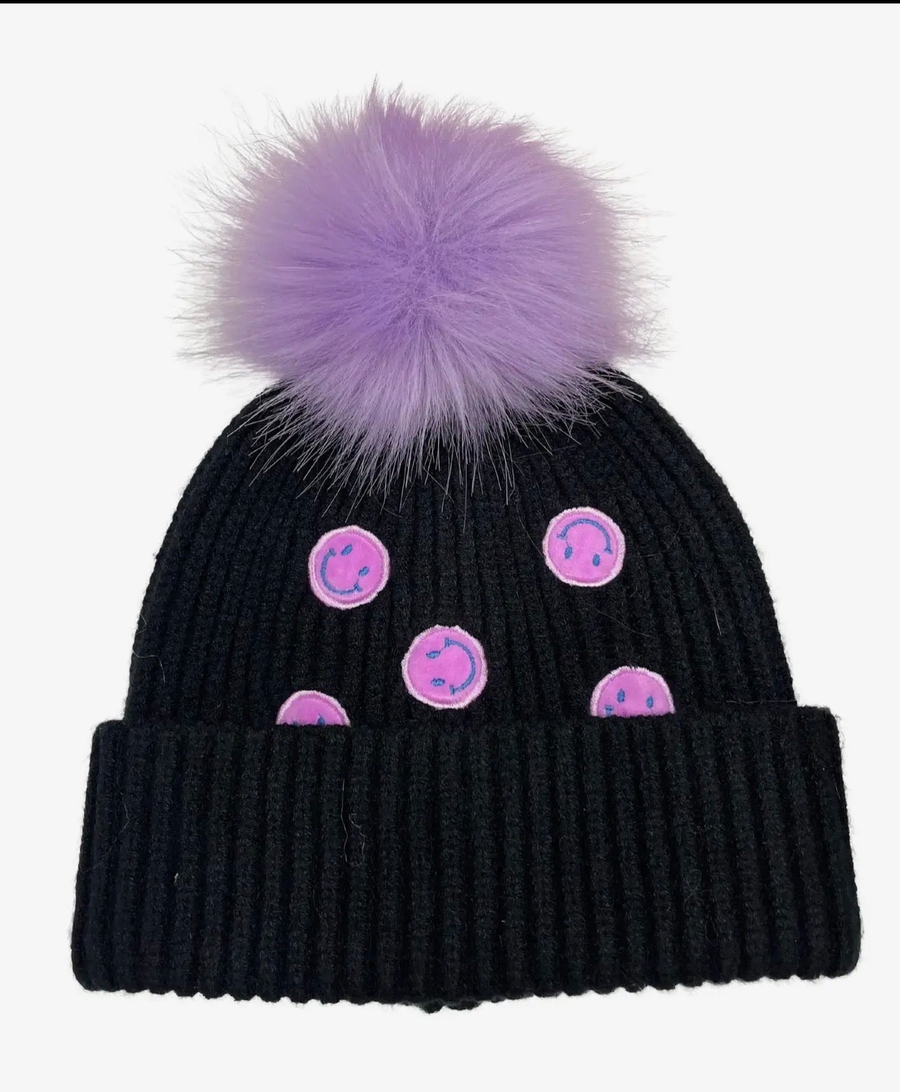 Smiley Knit Pom Beanie in Lilac / S/M
