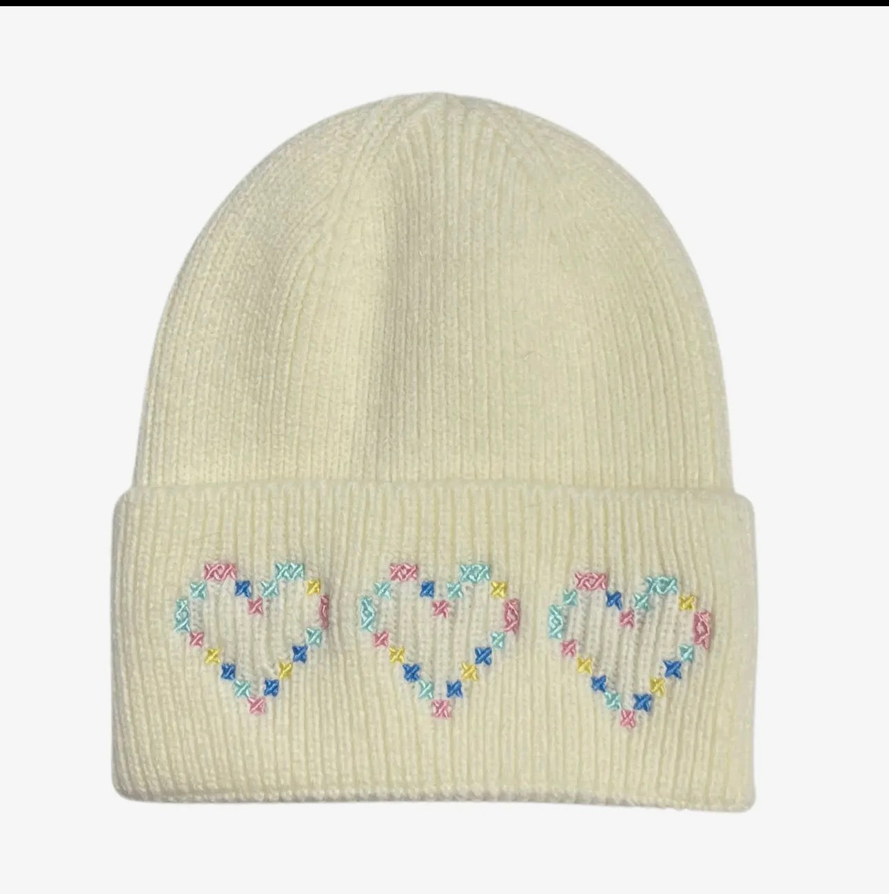 Stitched Heart Beanie in Ivory / L/XL