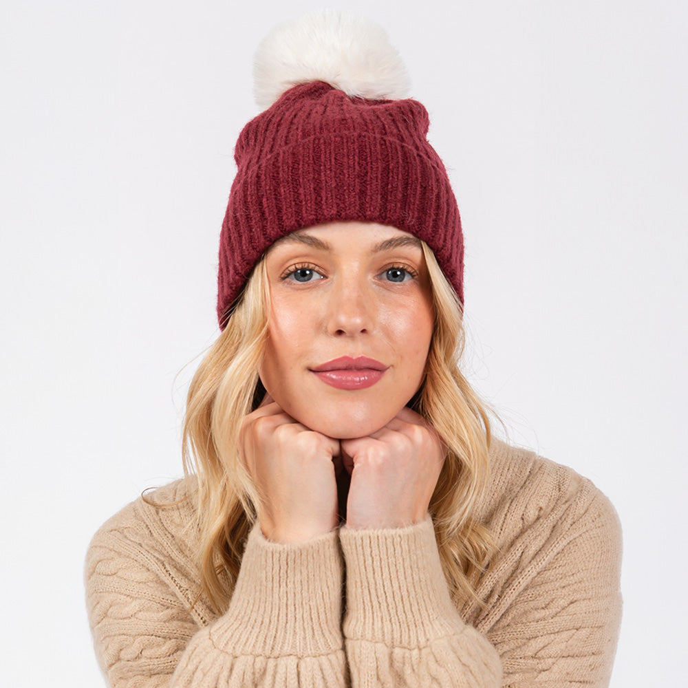 Solid Color Pom Pom Two Tone Beanie Hat Red and White