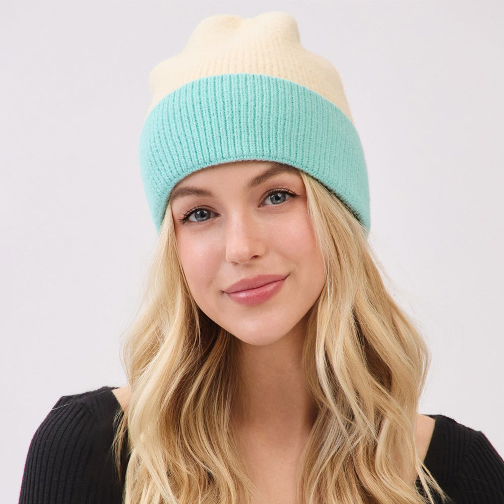 Two Tone Soft Fuzzy Knit Winter Beanie Hat