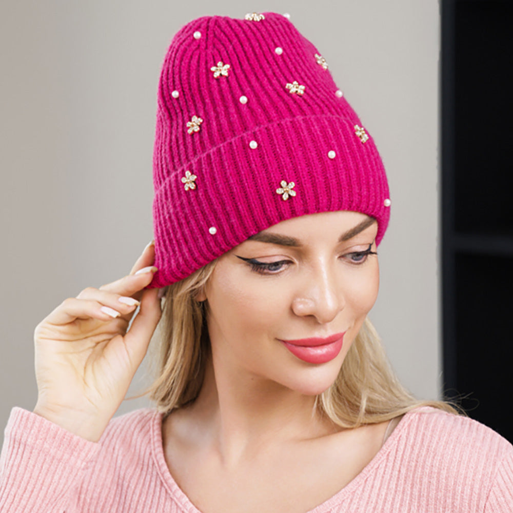Flower Stone Charm Pearl Embellished Knitted Winter Beanie Hat
