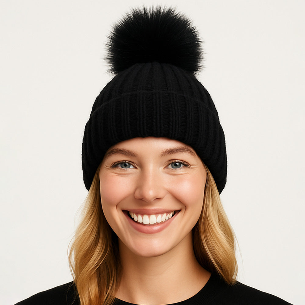 Solid Knit Pom Pom Winter Beanie Hat Black