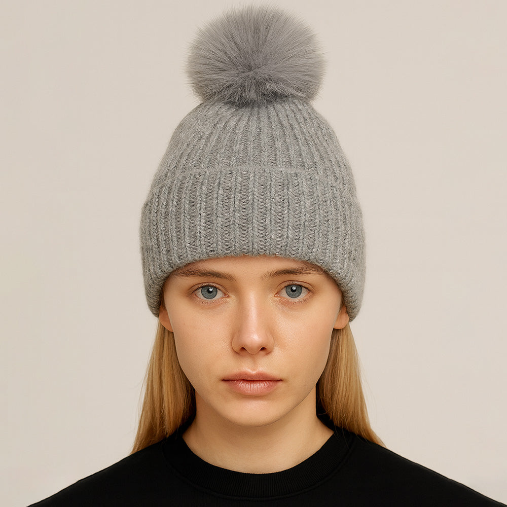 Solid Knit Pom Pom Winter Beanie Hat Grey