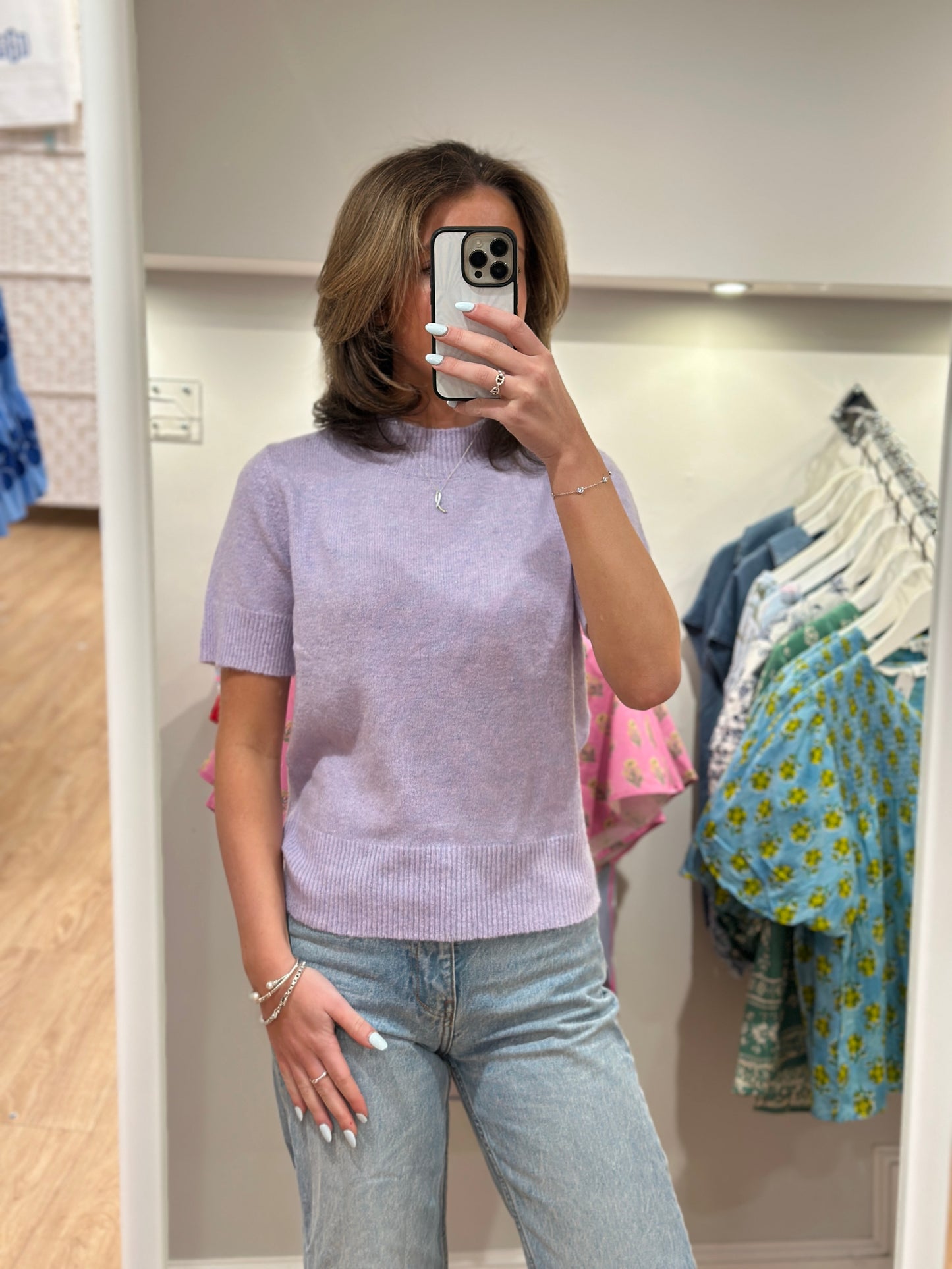 Soft Yarn Short Sleeve Sweater Top in Lavender