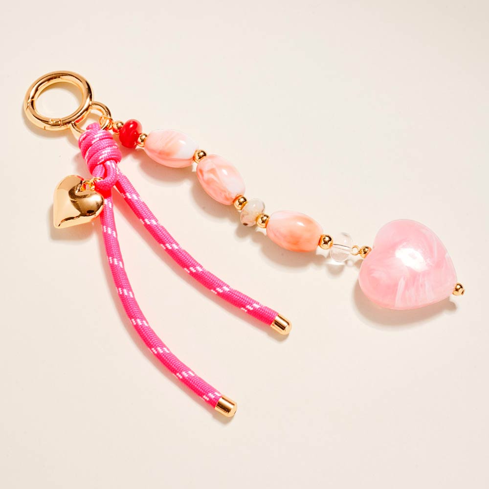 Beaded Heart Knot Rope Drop Bag Charm Keychain in Pink