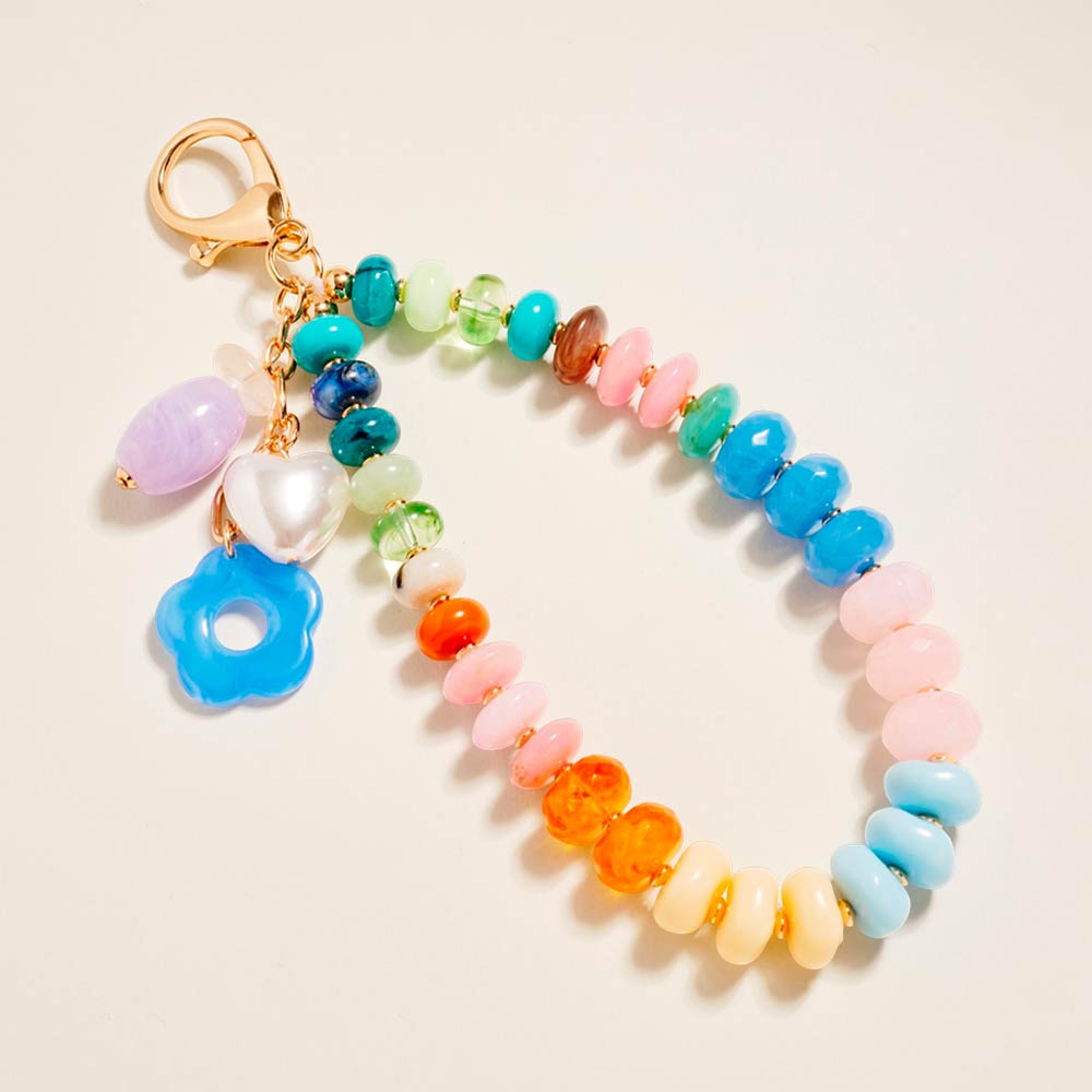 Flower Pearl Charm Accent Multicolor Beaded Wristlet Bag Charm Keychain