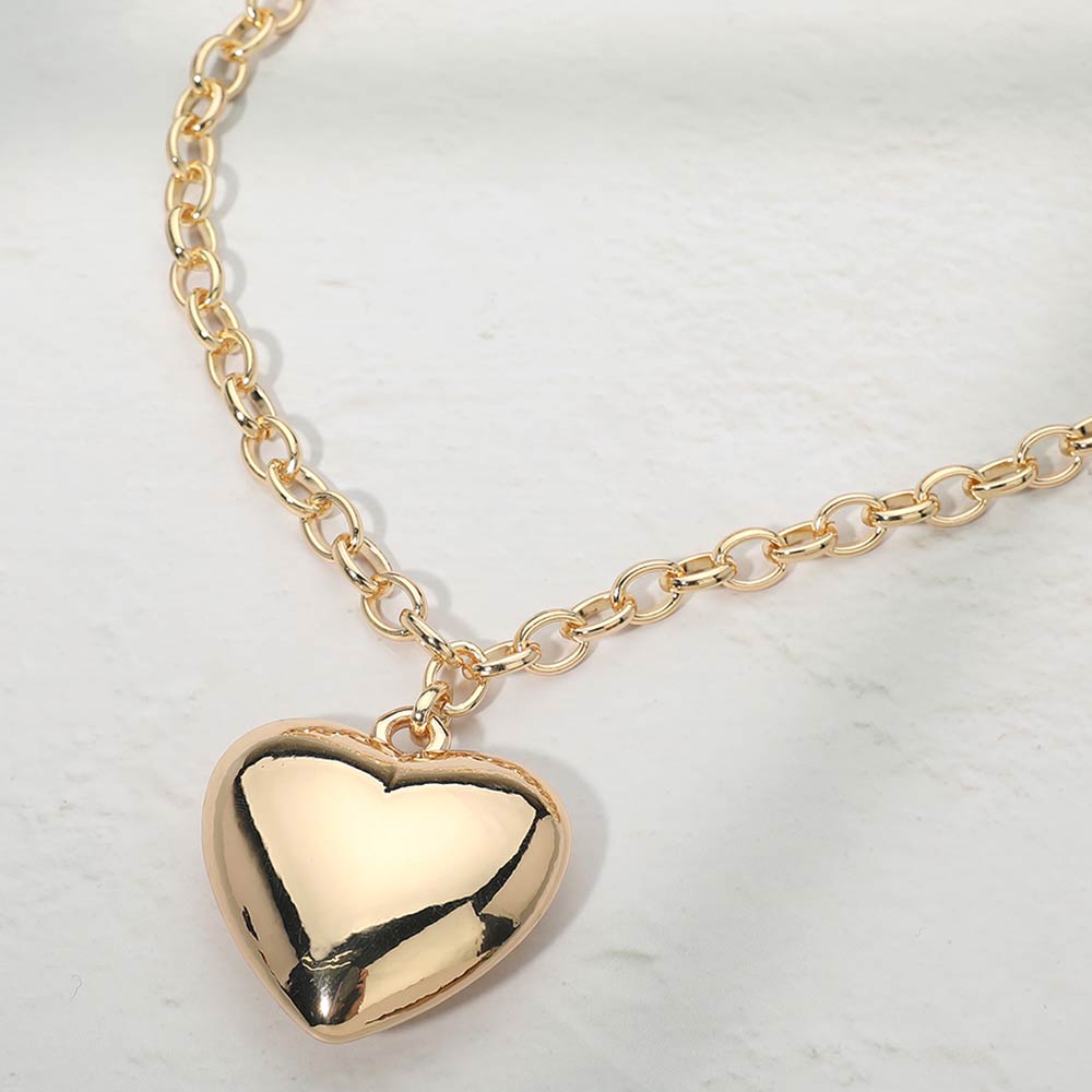 Puffy Metal Heart Pendant Long Necklace in Gold