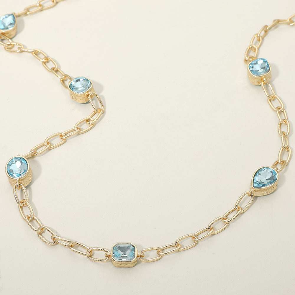 Elegant Faceted Square Teardrop Oval Emerald Stone Accent Long Necklace in Aqua