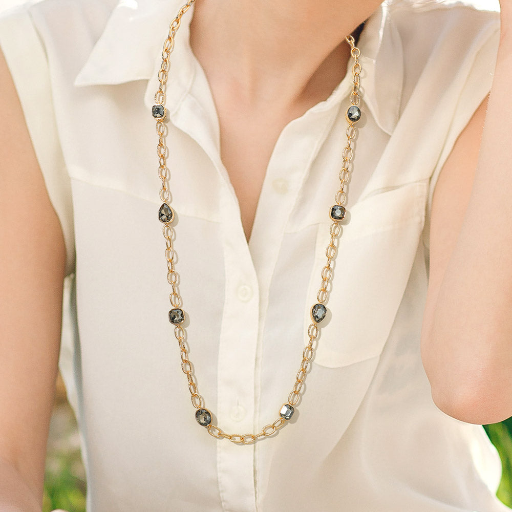 Elegant Faceted Square Teardrop Oval Emerald Stone Accent Long Necklace in Black Diamond