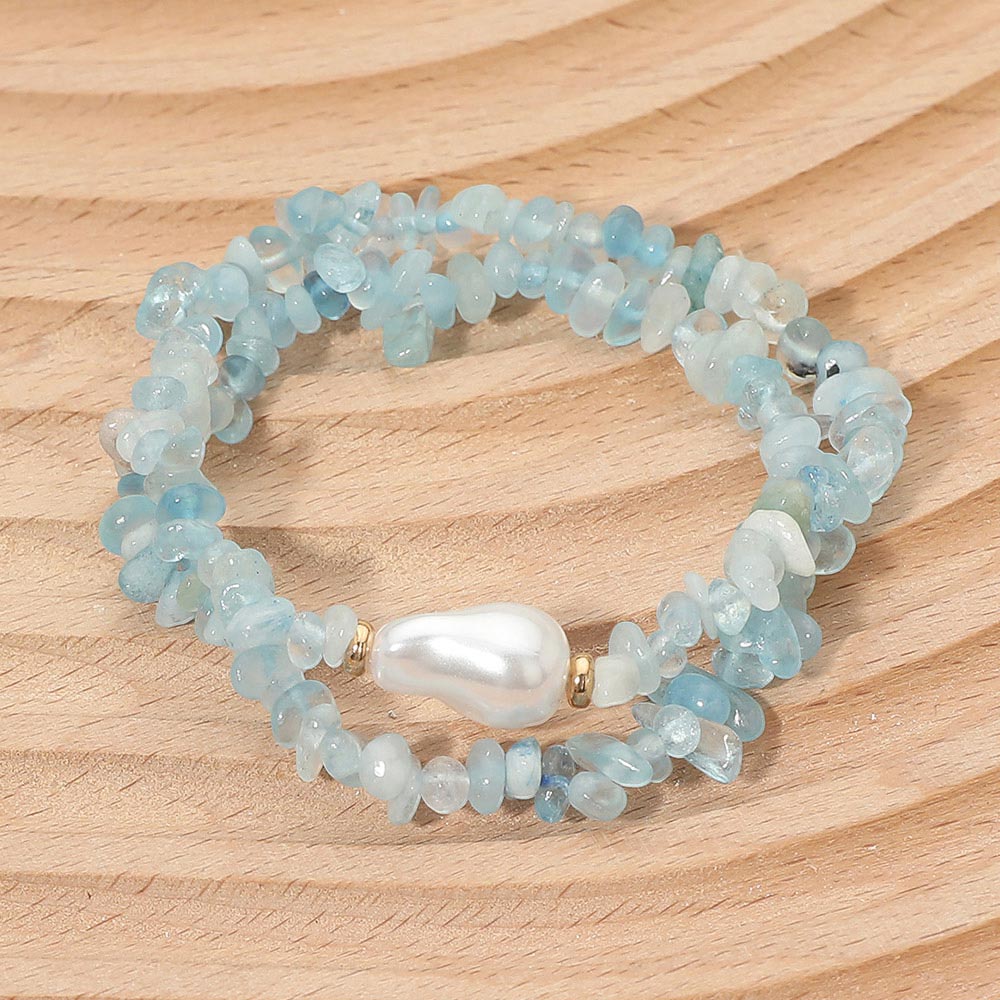 2PCS - Organic Shaped Pearl Accent Semi Precious Pebble Stone Beaded Stretch Multi Layered Bracelets