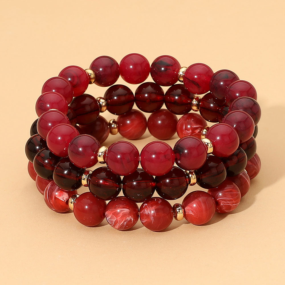 3PCS - Marbled Beaded Stretch Multi Layered Bracelets in Burgundy, Gold & Multi