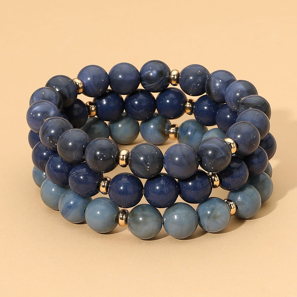 3PCS - Marbled Beaded Stretch Multi Layered Bracelets in Gold, Multi & Navy