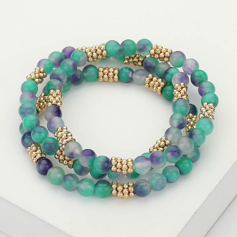 3PCS - Natural Stone Metal Bubble Bar Beaded Stretch Multi Layered Bracelet