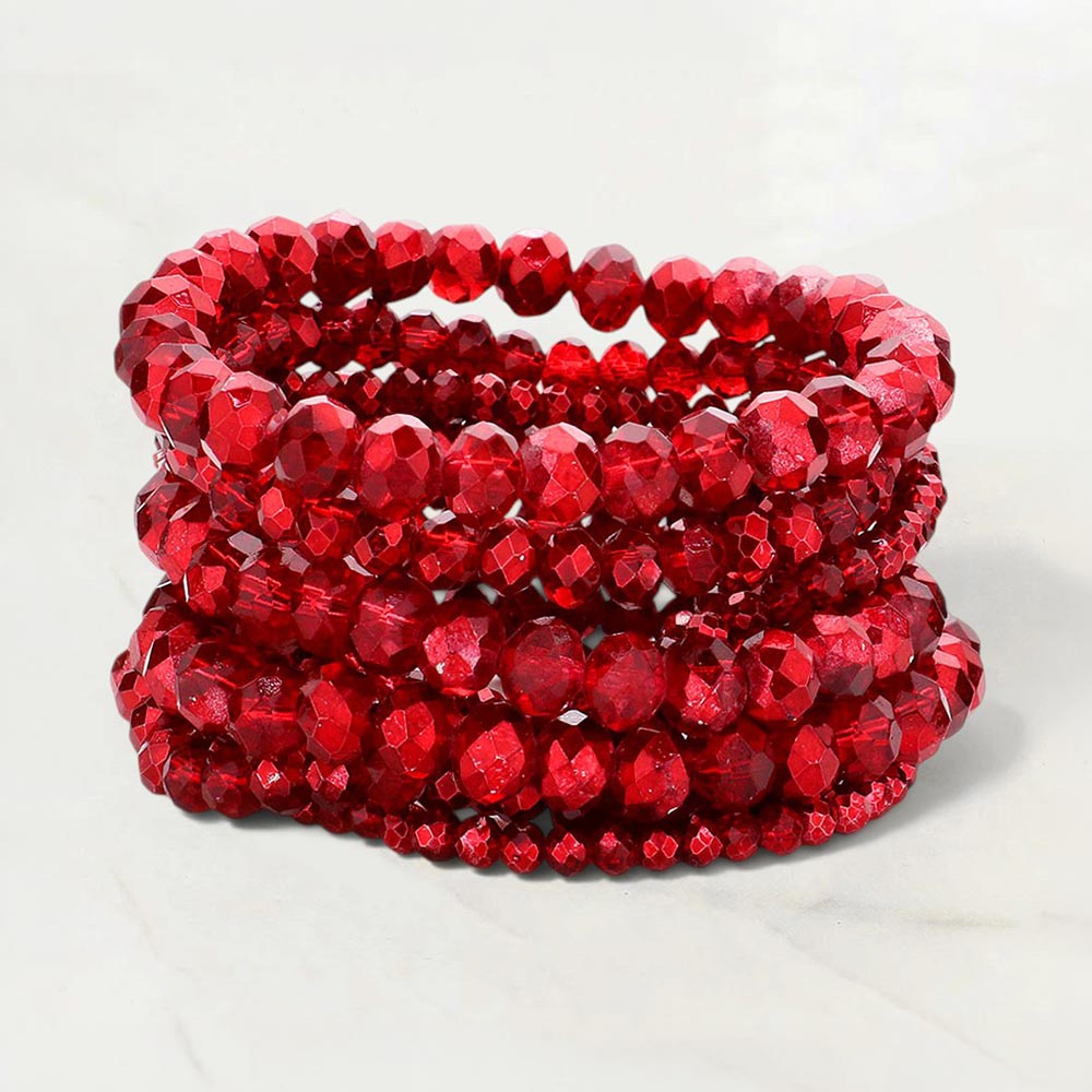 9PCS - Faceted Bead Stretch Bracelets in Red