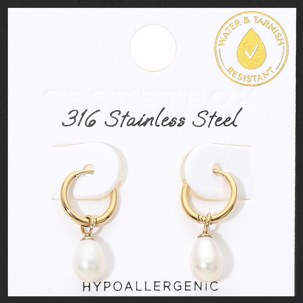 SECRET BOX_Stainless Steel Pearl Charm Drop Huggie Hoop Earrings