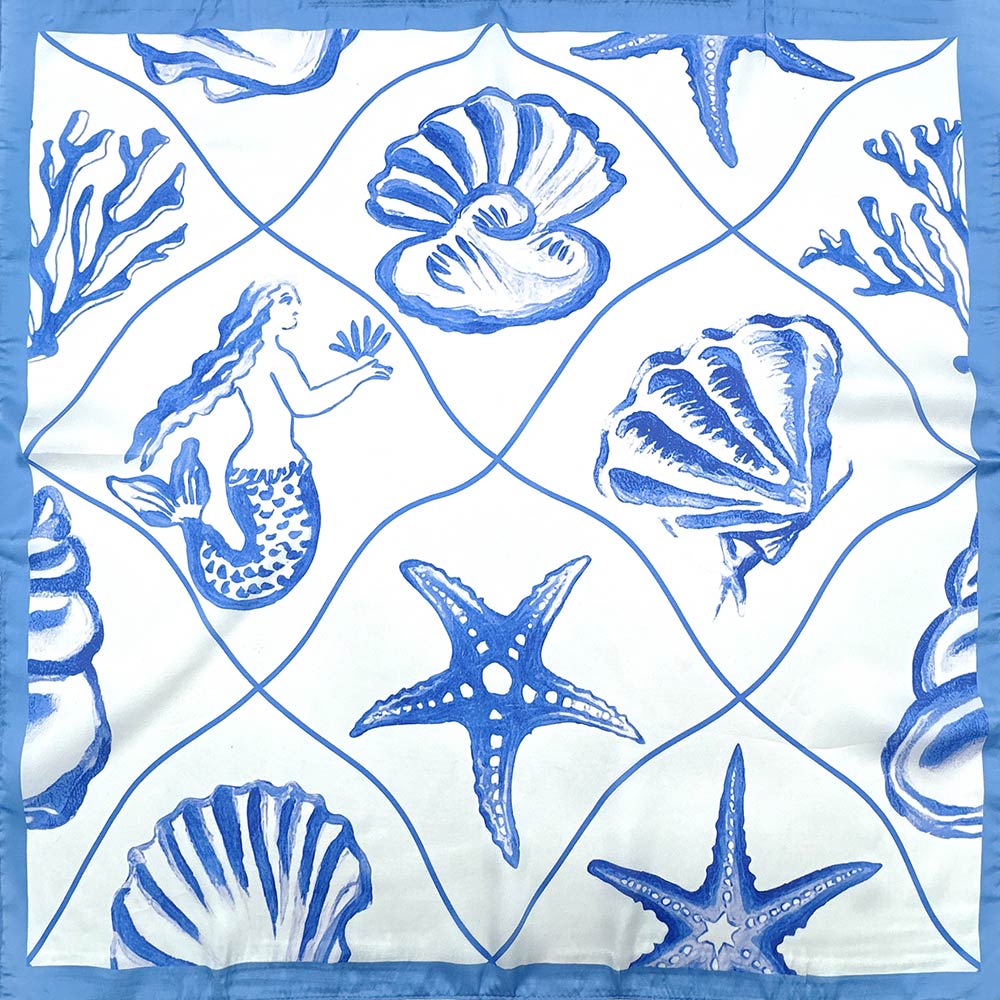 Mermaid Seashell Starfish Pattern Printed Square Silky Satin Bandana Scarf in Blue