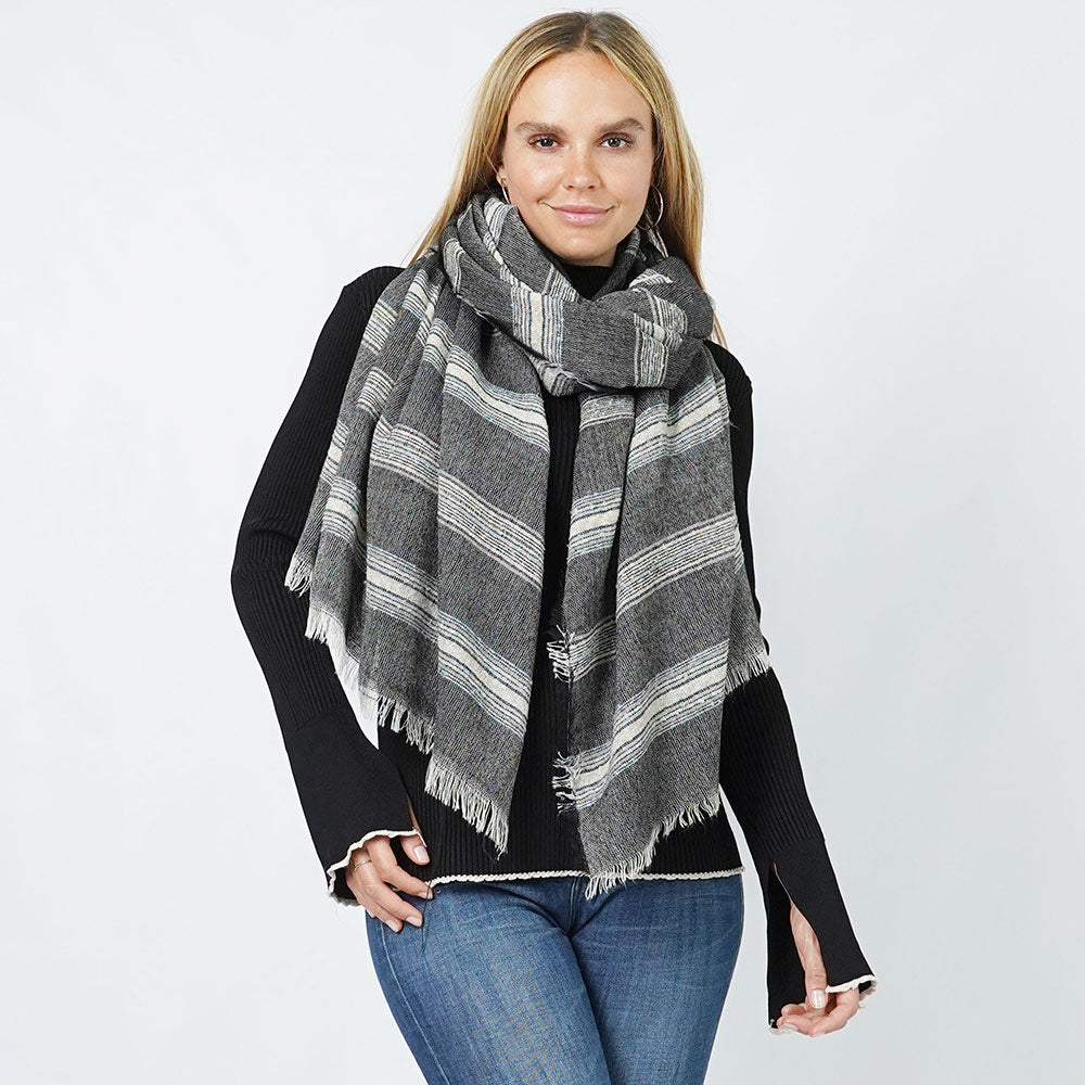 Stripe Woven Oblong Scarf/Shawl Black