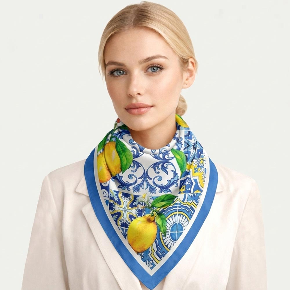 Mediterranean Lemon Tile Print Square Bandana Scarf