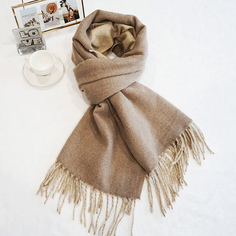 Two-Tone Cashmere Feel Fringe Edge Scarf Kahki Begie