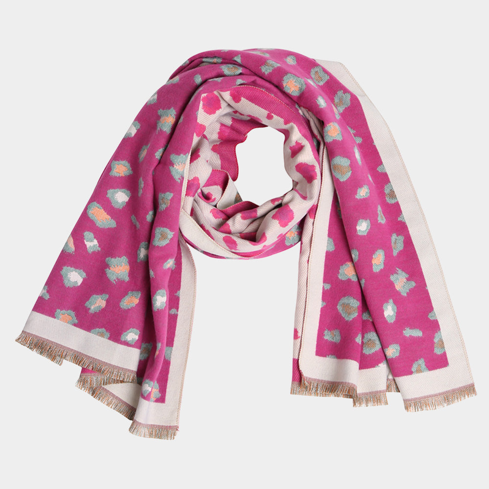 Leopard Pattern Fringe Oblong Scarf Fuchsia
