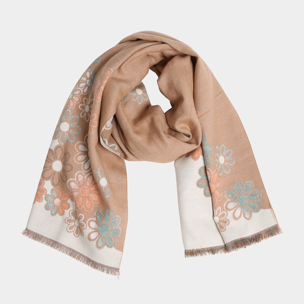 Floral Pattern Fringe Oblong Scarf Beige