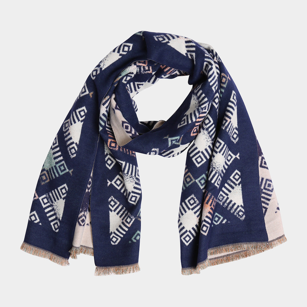 Geometric Pattern Fringe Oblong Scarf
