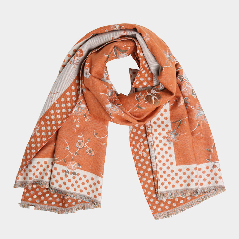 Floral Polka Dot Bordered Fringe Oblong Scarf