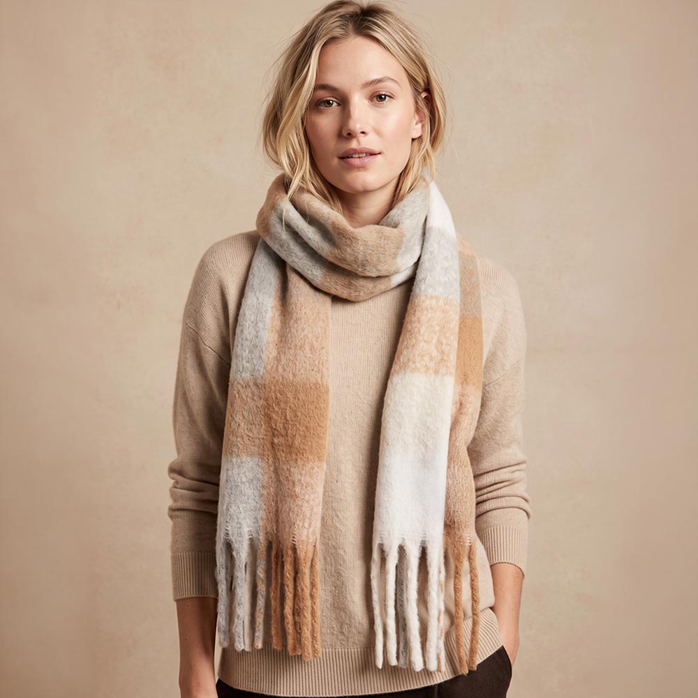 Oversized Soft Fringe Plaid Oblog Winter Scarf in Gray