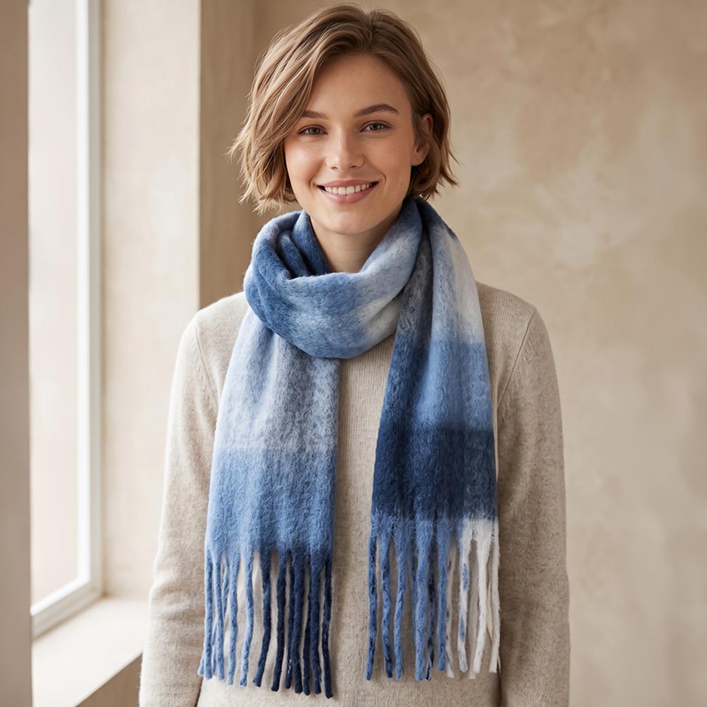 Oversized Soft Fringe Plaid Oblog Winter Scarf in Navy