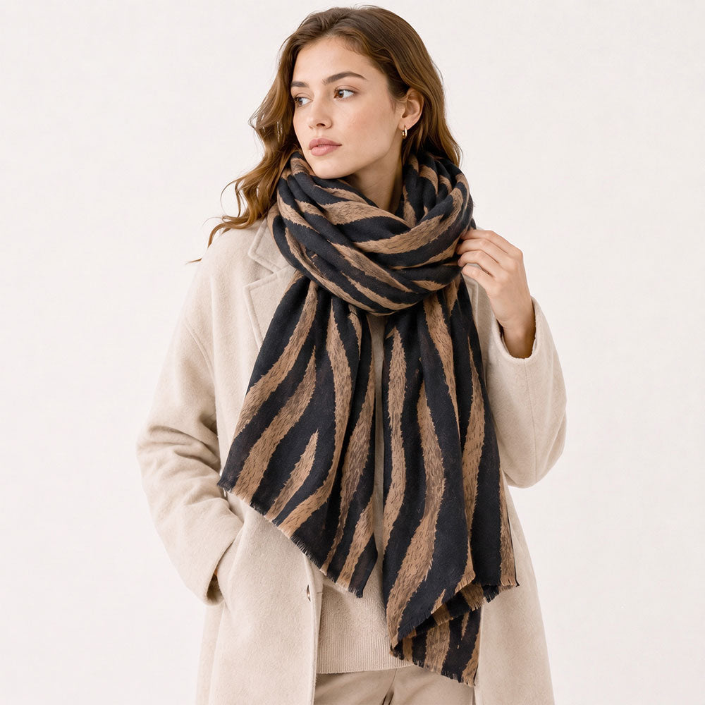 Oversized Zebra Pattern Print Wrap Scarf in Taupe