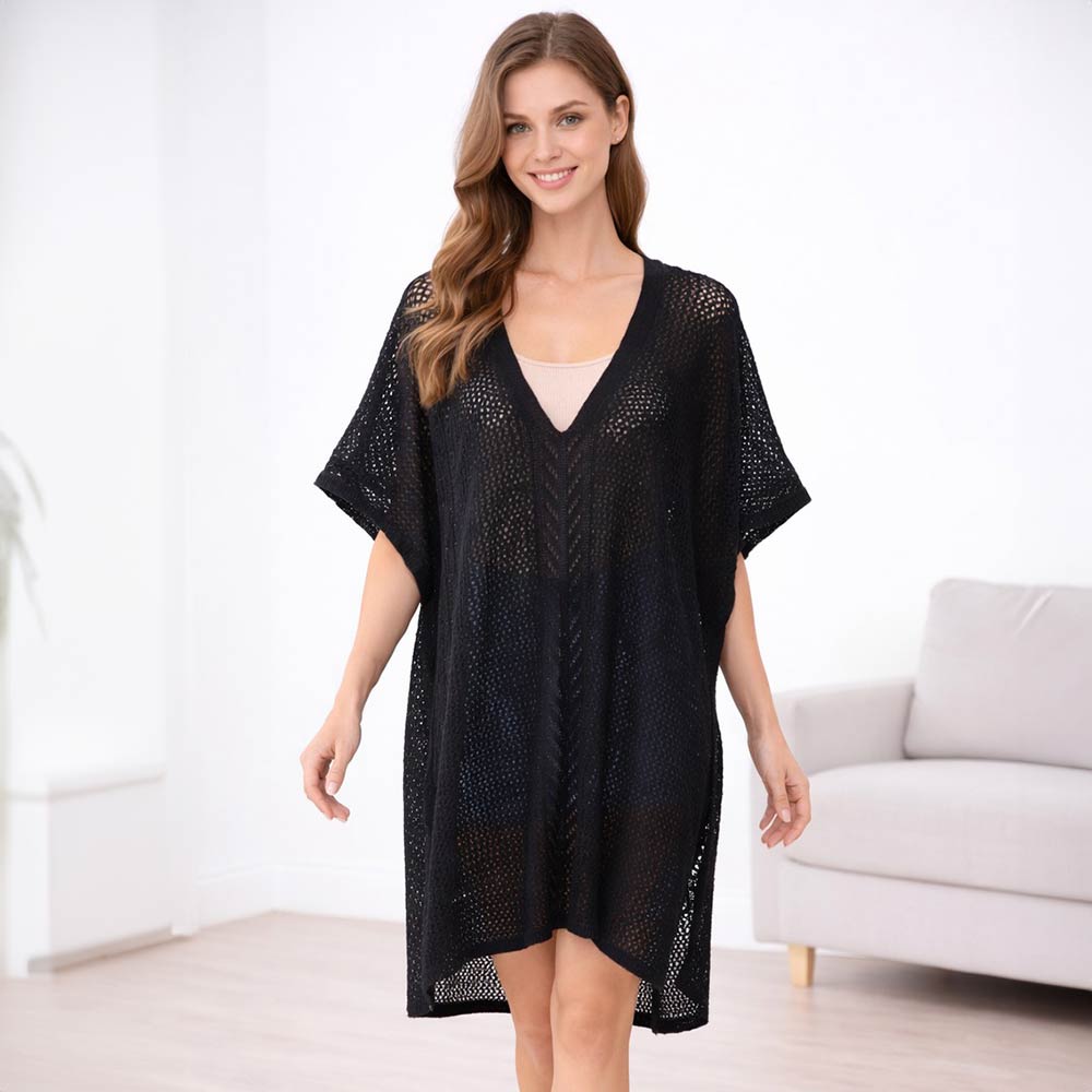 Solid Crochet Knit Cover Up Long Poncho Dress in Black