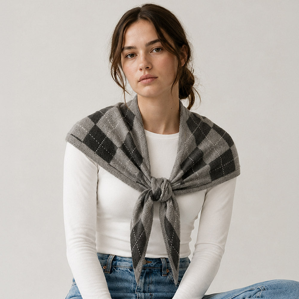 Argyle Knitted Triangle Scarf Wrap in Gray