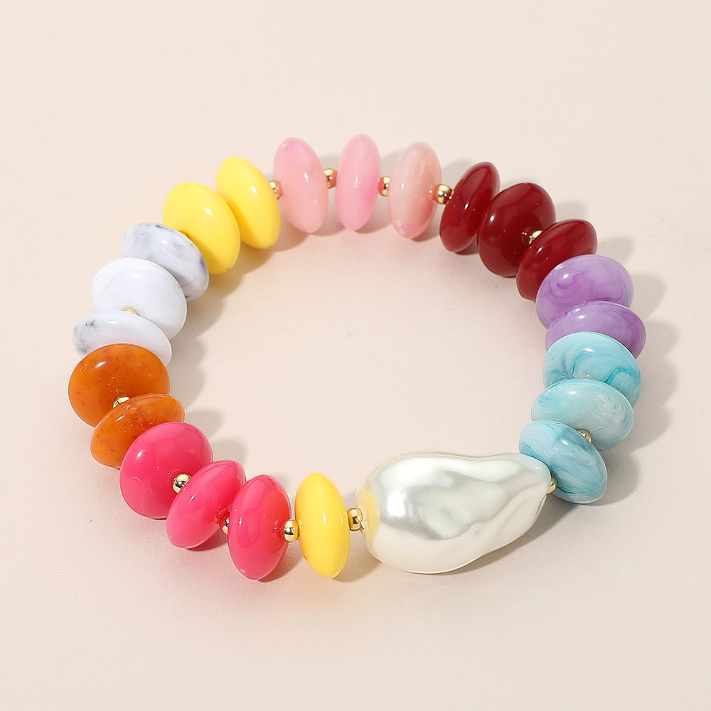 Abstract Pearl Accent Resin Pebble Beaded Stretch Bracelet in Gold & Multi