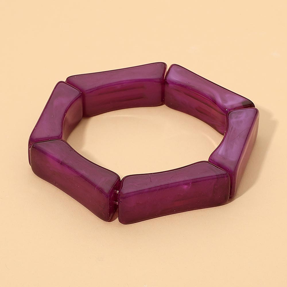 Chunky Geometric Rectangular Resin Beaded Stretch Bracelet in Purple