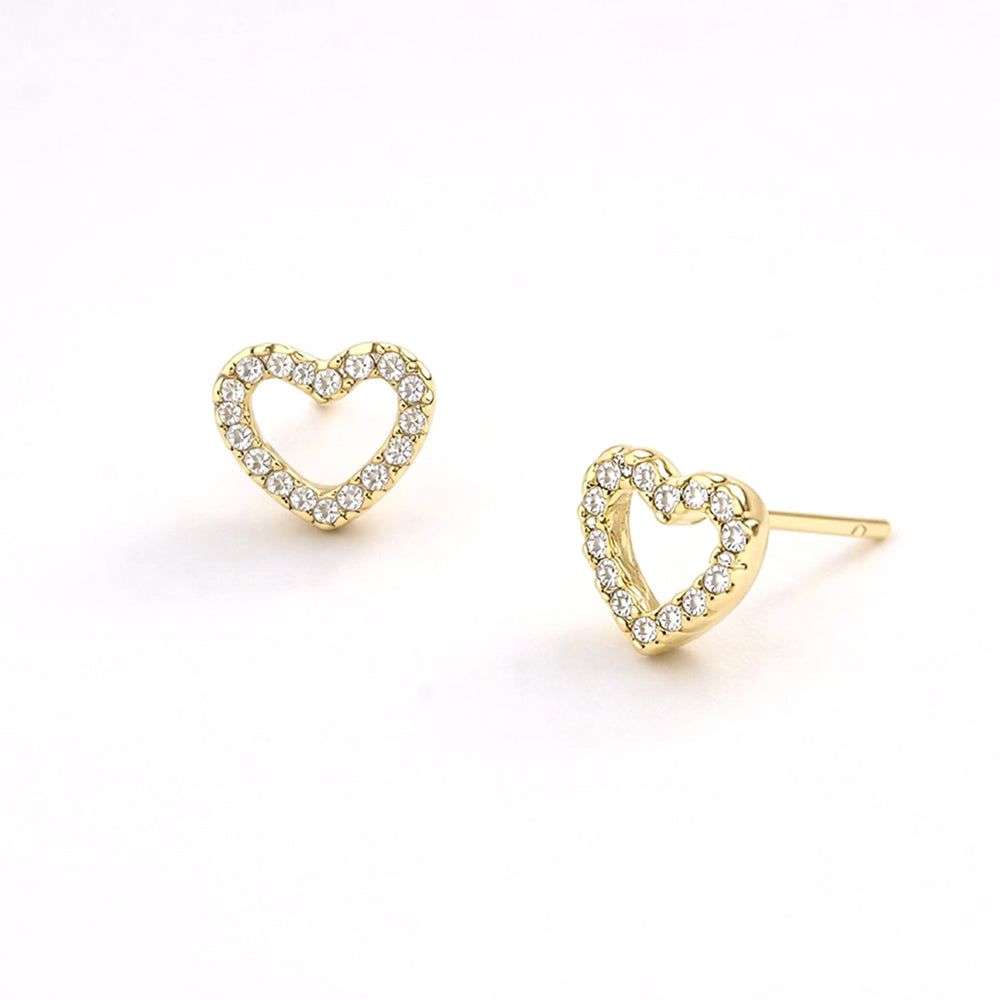 14K Gold Dipped CZ Pave Open Heart Stud Earrings