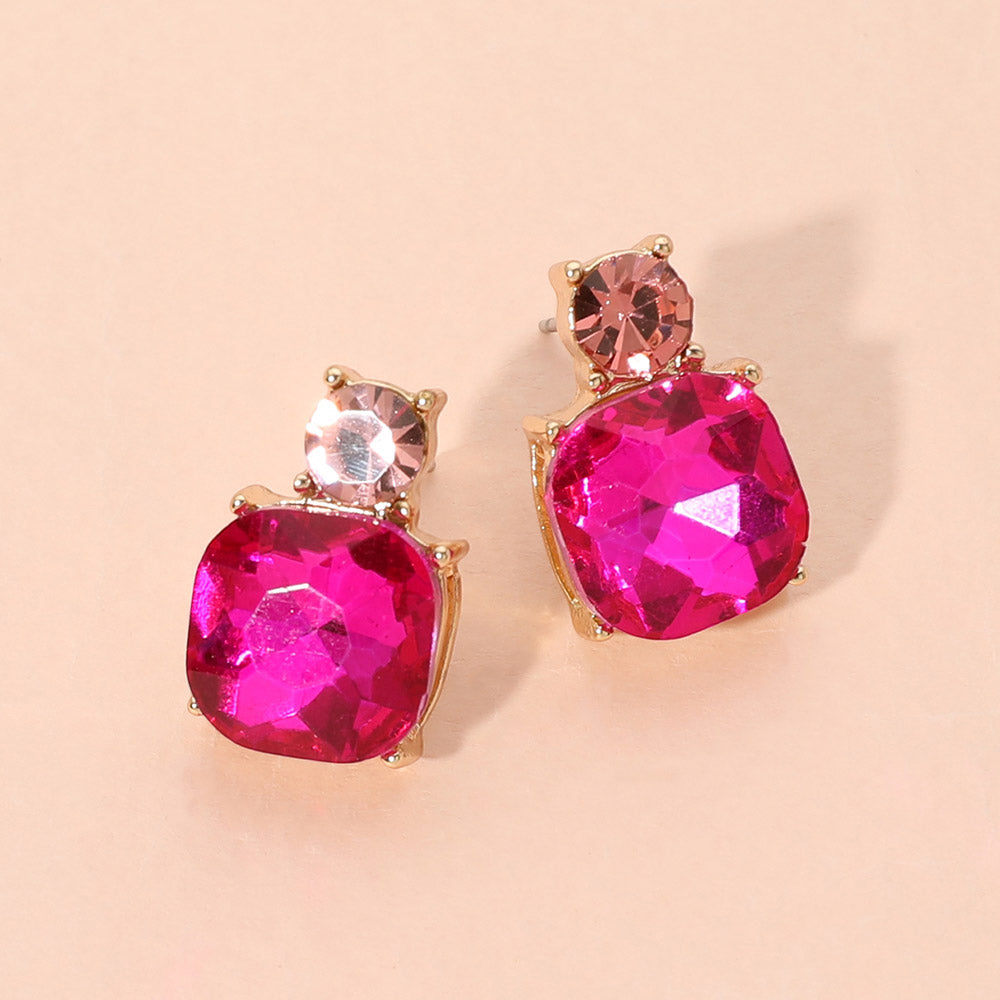 Double Cushion Cut Gem Stud Earrings in Fuchsia & Gold
