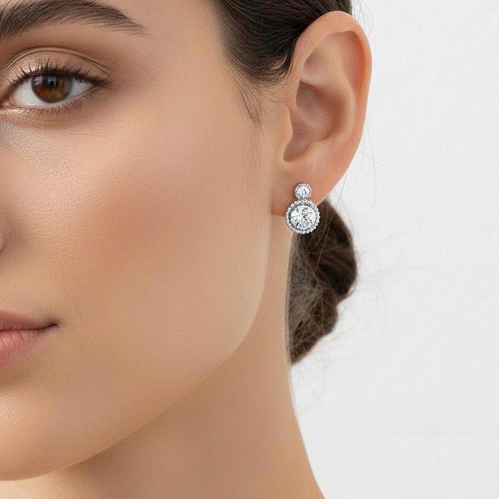 White Gold Dipped Double Halo CZ Stud Earrings
