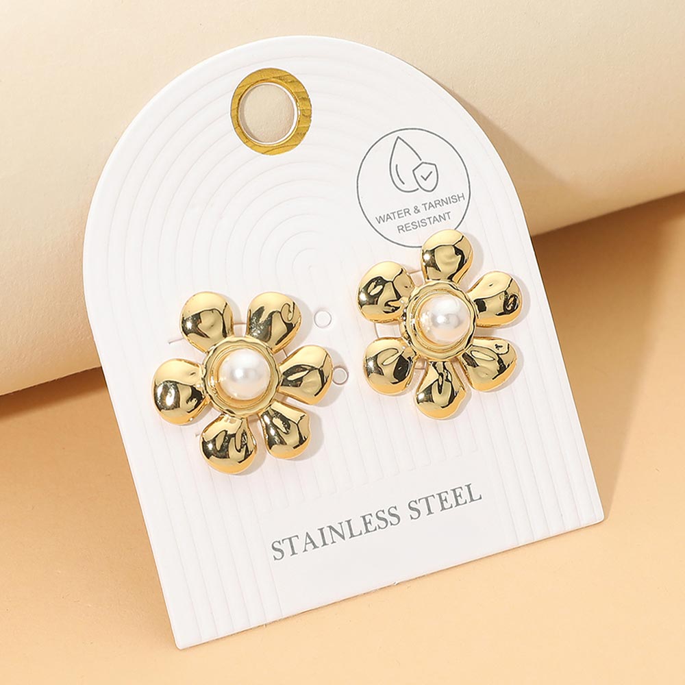Stainless Steel Pearl Flower Stud Earrings