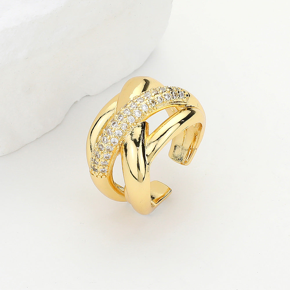 Stone Paved Brass Metal Crisscross Ring
