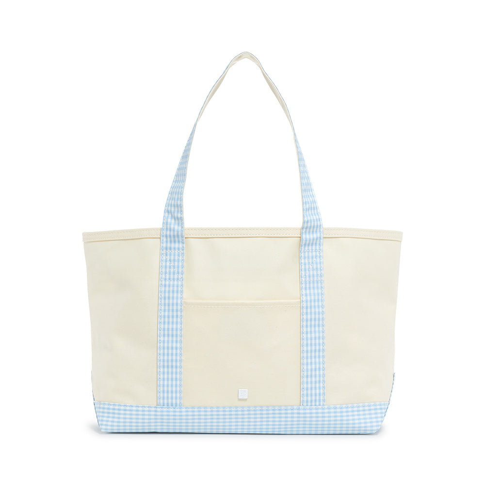 MEDIUM TOTE - COATED CANVAS NATURAL with GINGHAM MIST TRIM