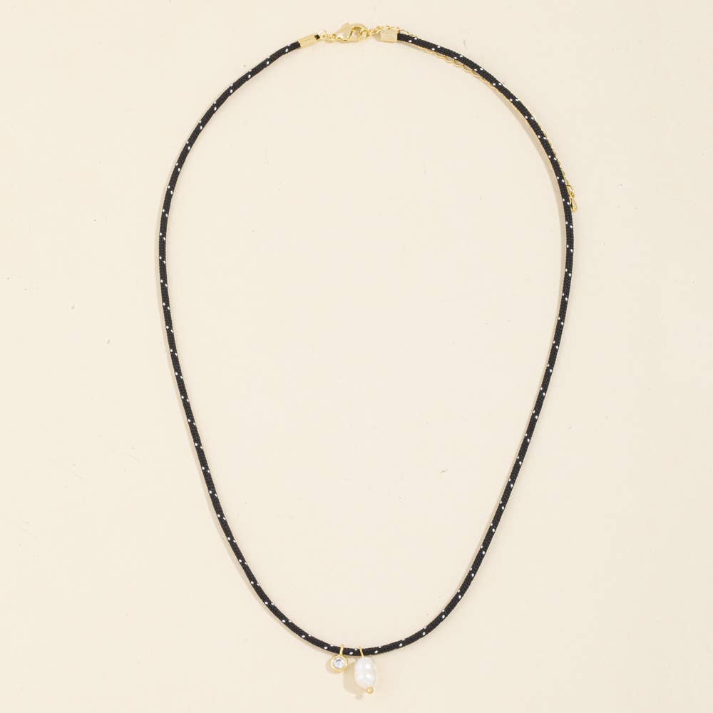 Cord Necklace With Bezel Cz And Pearl Drops: GDBLK