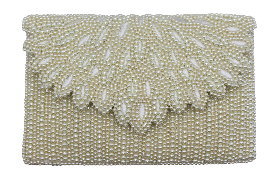 White Pearl Scallop Beaded Clutch