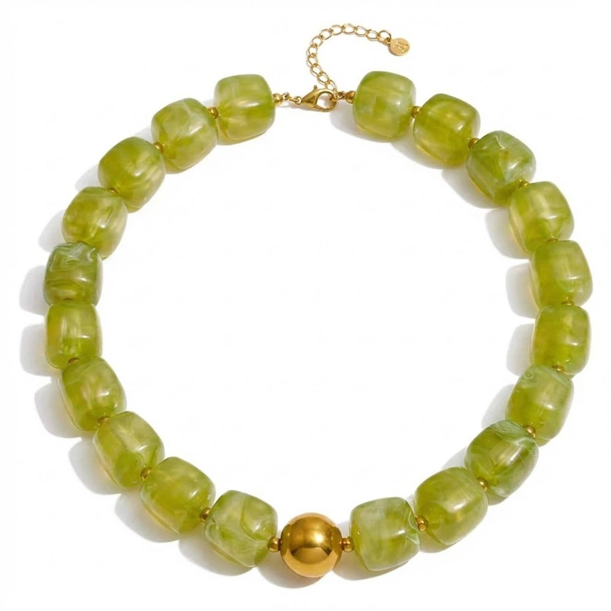 Women Square Resin Bead Necklace With Gold Ball Detail: Grass_Green / M