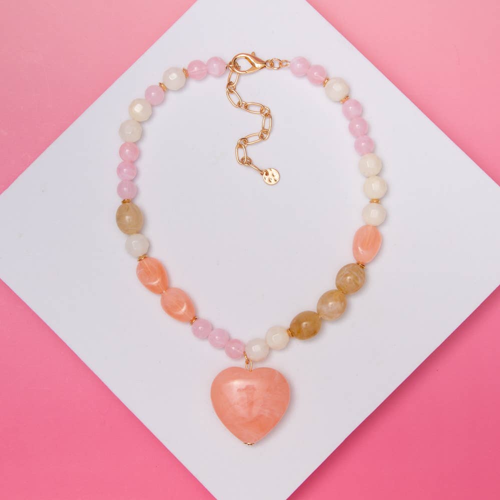 Marble Heart Pendant Pastel Bead Necklace: Pink