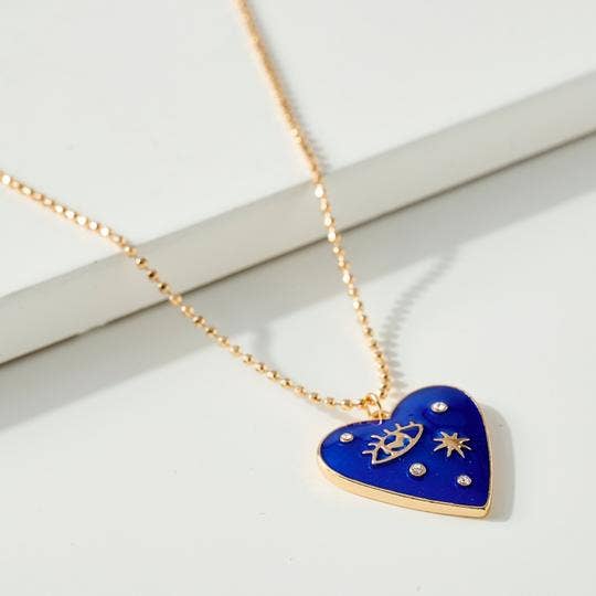 Enamel Heart Evil eye Charm with Cutting Ball Chain Necklace: Blue