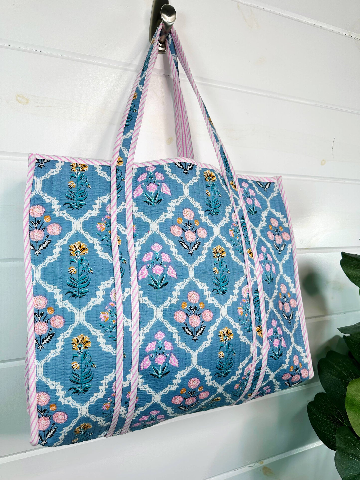 Large Tote Bags | Quilted Travel Tote | Blue Wildflowers