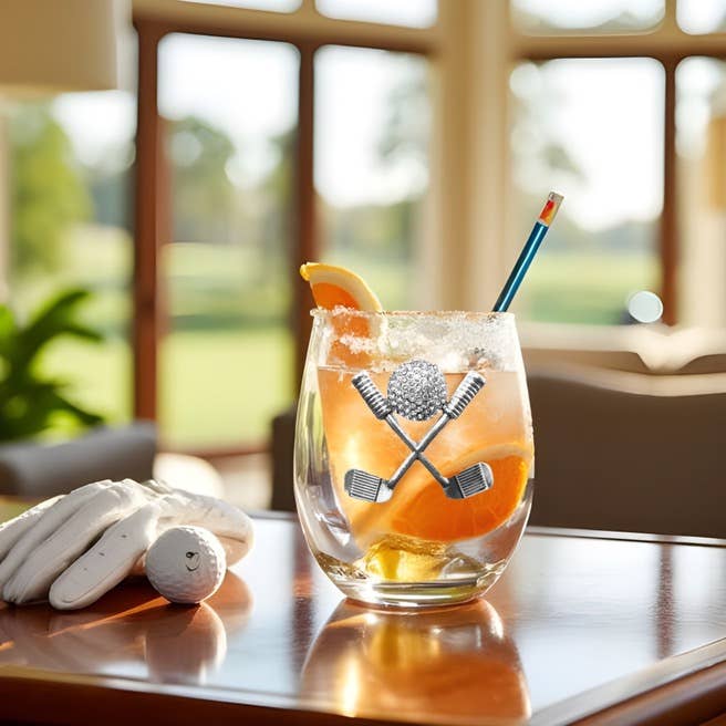Golf Clubs and Ball Stemless Wine Glass
