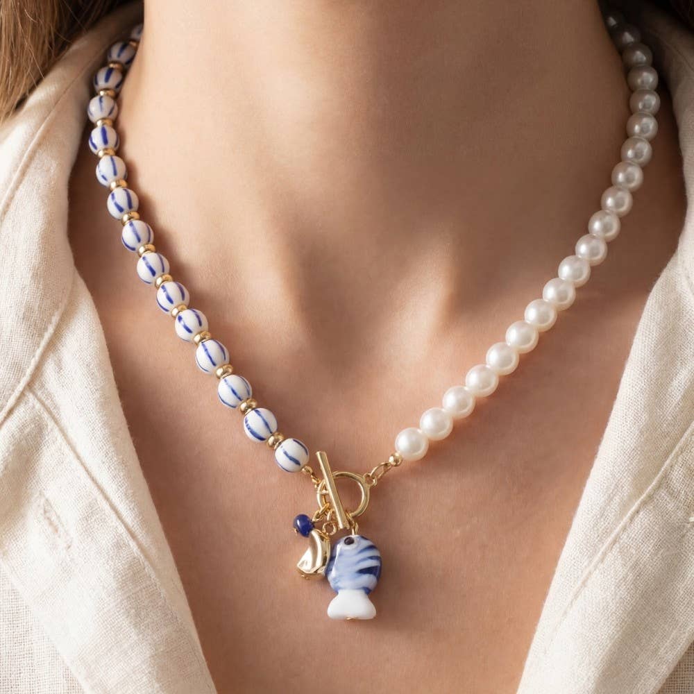 Blue Stripe Pearl Toggle Fish Pendant Necklace: GBL