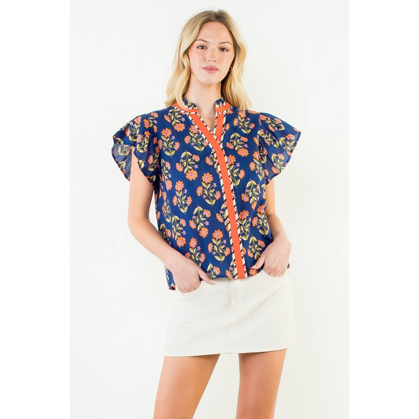 Flutter Sleeve Floral Detail Top in Navy